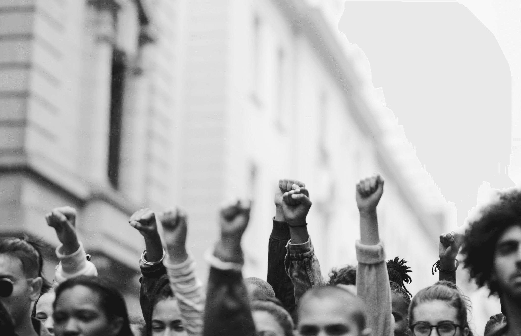 A number of fists are raised in the air.
